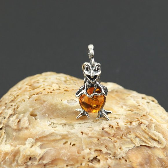 Jewelry - Sterling silver pendant with natural Baltic amber, amber chicken pendant